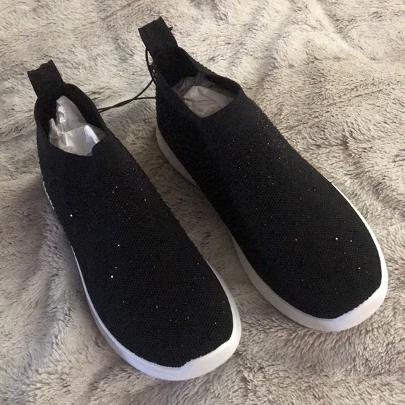 Black rhinestone sneakers knit sock style pull on elastic ankle 7 8 8.5 11 NEW - Picture 2 of 7